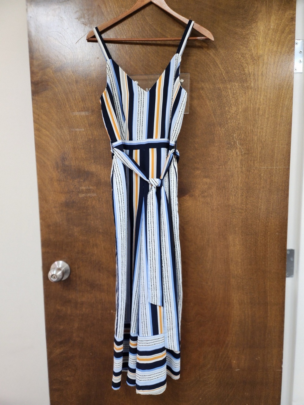 Striped Tie Waist Midi Dress | Blue, Navy & Mustard | Sleeveless | Size XS